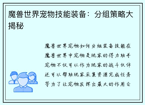 魔兽世界宠物技能装备：分组策略大揭秘
